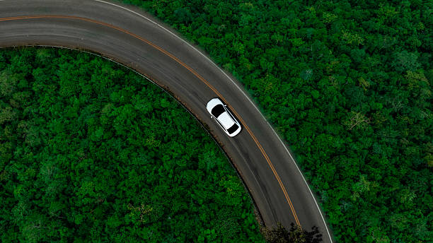 Aerial view of dark green forest road and white electric car Natural landscape and elevated roads Adventure travel and transportation and environmental protection concept Aerial view of dark green forest road and white electric car Natural landscape and elevated roads Adventure travel and transportation and environmental protection concept car-on-city-road-side-view stock pictures, royalty-free photos & images