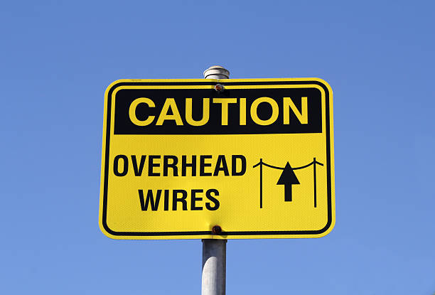 Yellow Caution - Overhead Wires warning sign against a clear blue sky