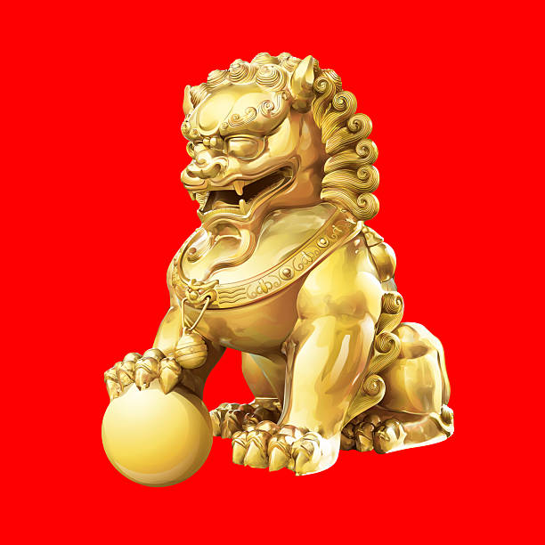 Realistic Chinese Gold Lion for decoration artwork. Pixiu is a symbol of wealth accumulation, luckiness, prosperity. Isolated on red background with Clipping path