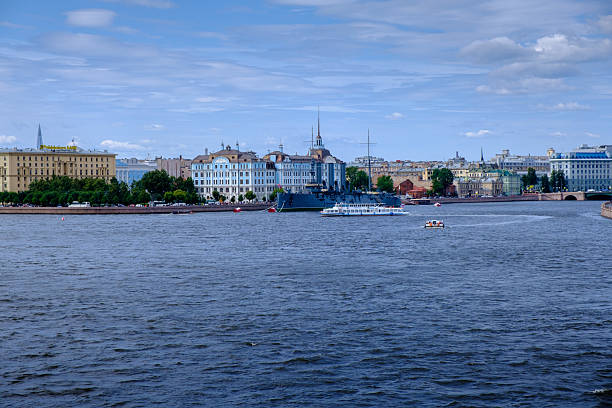 ST. PETERSBURG,  RUSSIA - AUGUST 5, 2019:  Russian cruiser Aurora on the Neva river