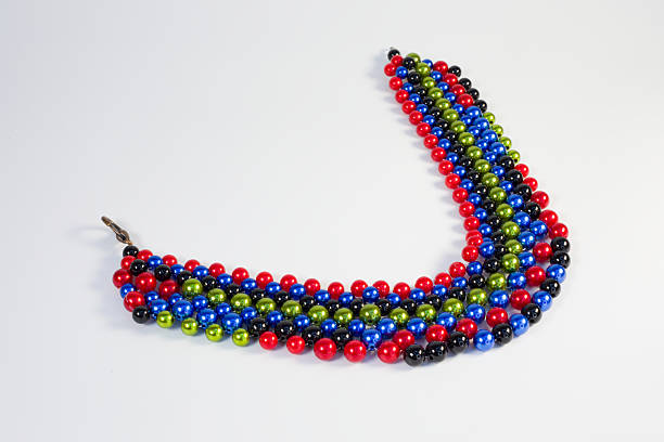 Handmade colorful necklace made of plastic beads in ethnic and boho style on a white background.