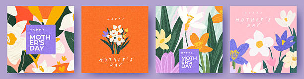 Trendy Mother's Day card, banner, poster, flyer, label or cover with wildflowers, Narcissus flower, Crocus flowers. Spring summer bright hand drawn abstract floral design template for ads promo
