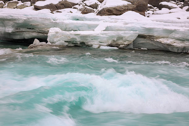 Blurry water. Stormy turquoise river in motion. Winter mountain river, natural background.