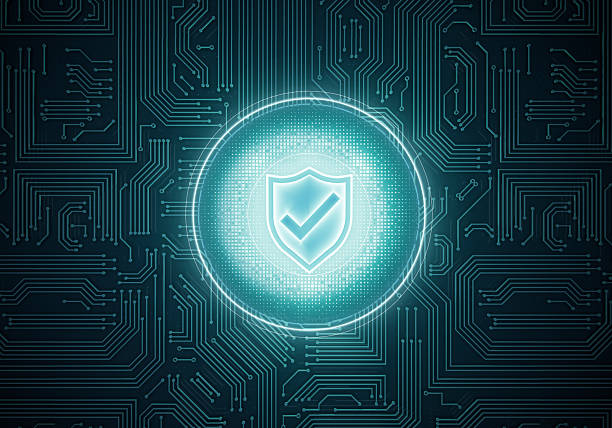 Digital Shield: A luminescent digital shield, a beacon of secure connectivity and data protection, against the backdrop of an intricate circuit board.