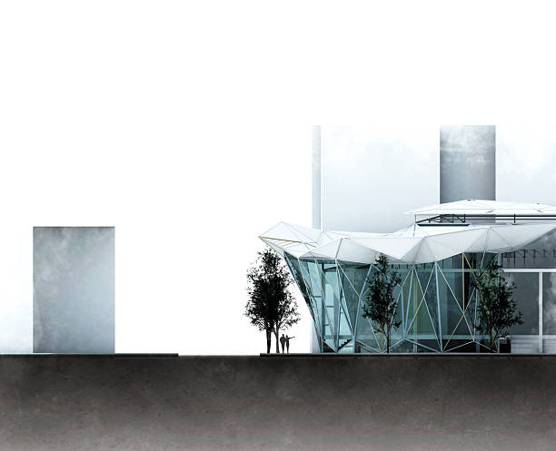 istock Modern Architectural Design Elevation of Glass Pavilion Market with Tree and People Silhouette 2209321121