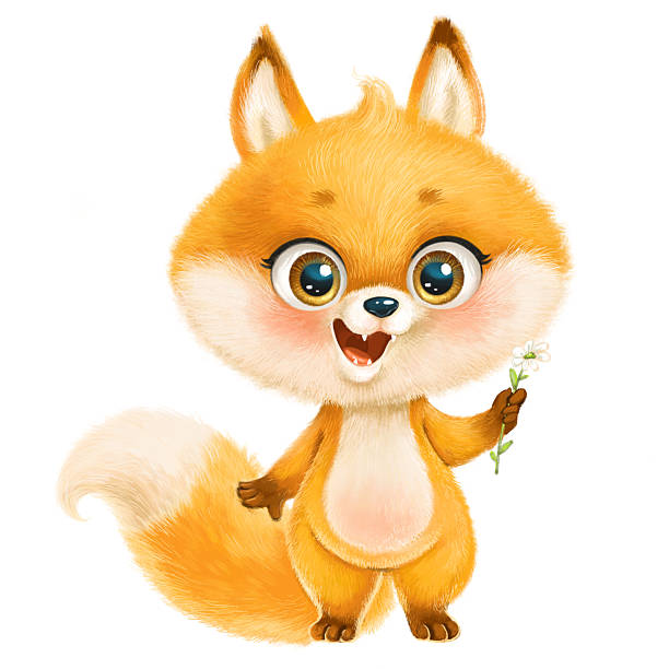 istock Cute cartoon fluffy red fox with little flower chamomile isolated on a white background 2209335332