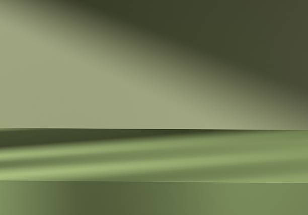 Green tabletop with empty space for your eco, bio, natural product display over beautiful deep green room background with shadows. Minimal elegant trendy background studio shot. 3d rendering.