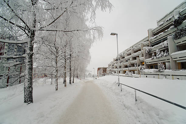snow-covered urban pathway with frosted trees.