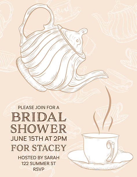Tea party bridal shower invitation template. There is a faded pattern in the background. Flat colors, easy to edit. Comes with a high resolution jpeg.