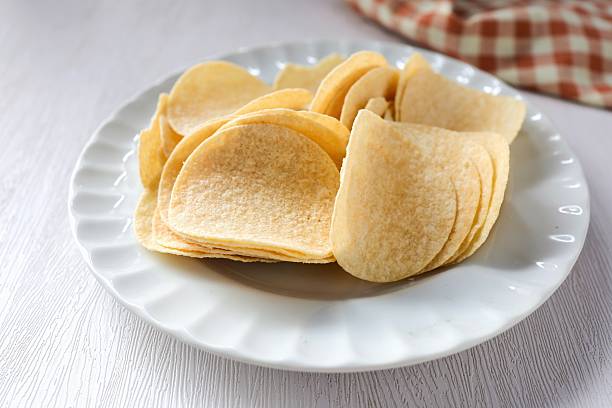 istock Potato chips in white plate on white background 2209355511