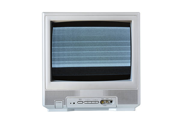 istock Old vintage silver TV set from 1980s, 1990s, 2000s with noise and interference on the screen isolated on white background. 2209358209