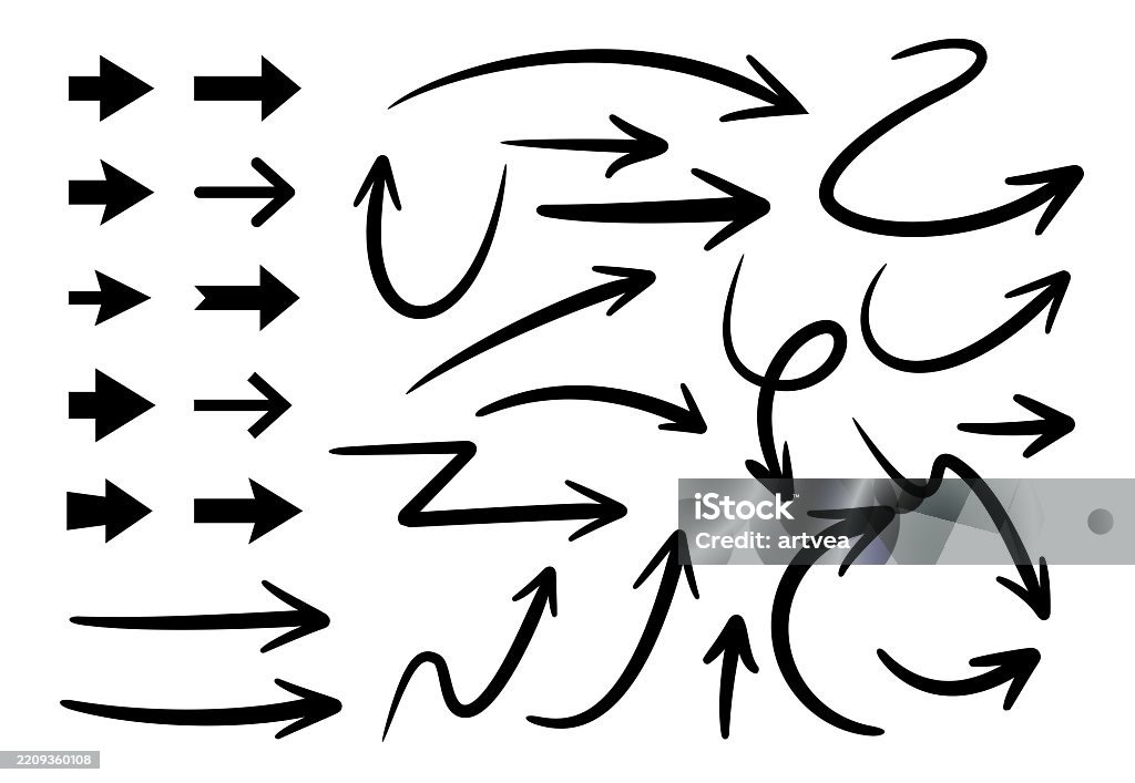 Setați ilustrația vectorială a săgeților desenate manual și curbate - vector de stoc Simbol săgeată fără redevențe Setați ilustrația vectorială a săgeților desenate manual și curbate - vector de stoc Simbol săgeată fără redevențe