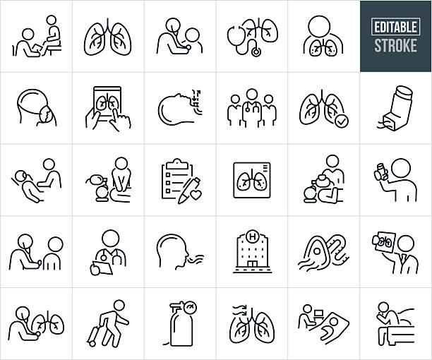 Respiratory Therapy Thin Line Icons - Editable Stroke - Icons Include A Pulmonologist, Patient With Respiratory Illness, Lung Disease, Patient Care, Symptoms, Asthma, Respiratory System, Breathing, Human Lungs, Healthcare, Stethoscope, Medical Exam A set of respiratory Therapy icons that include editable strokes or outlines using the EPS vector file. The icons include a respiratory therapist giving medical exam to a patient, set of human lungs, respiratory therapist using a stethoscope to check the breathing of a patient, human lungs with a stethoscope, patient with lung disease, person wearing an oxygen mask, doctor examining a patients lungs by looking over x-rays on a tablet pc, person with a tracheotomy, team of respiratory therapists, pulmonologist attending to a patient in a hospital bed, pulmonologist giving CPR to a patient, medial checklist, x-ray of human lungs, respiratory therapist using a bag valve mask on a patient, pulmonologist using a stethoscope on the back of a patient to check his lungs, pulmonologist reviewing the medical chart of a patient, person with asthma using an inhaler, hospital building, oxygen mask, pulmonologist holding up a the x-rays of a patients lungs, person with oxygen tank, oxygen tank, and a person with respiratory illness coughing. person oxygen tank stock illustrations