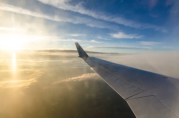 istock Airplane wing over serene sky at sunset 2209367920