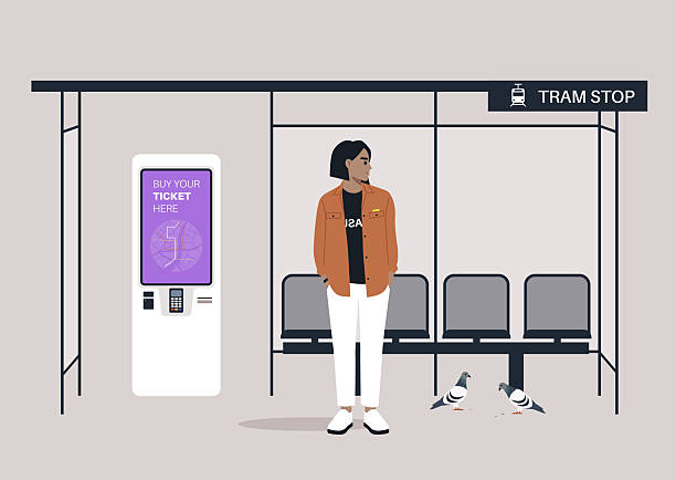 A young person stands at a tram stop, casually dressed, surrounded by empty seats and pigeons, as the urban hustle unfolds in the background