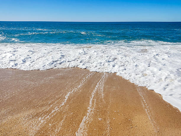 Tranquil beach scene turquoise waves gently washing onto golden sand under a clear blue sky. Ideal for travel, relaxation, or coastal themes. Serenity  freedom.