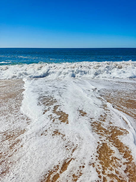 istock Invigorating ocean waves washing onto a sandy beach under a clear blue sky. Evokes tranquility, vacation, and natural beauty. Ideal for travel, wellness, or coastal themes. 2209372107