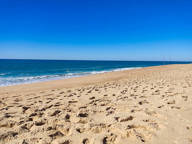 istock Serene beach scene featuring a clear blue sky, turquoise ocean waves, and a sandy shore marked with footprints. Ideal for travel, vacation, or relaxation themes. 2209372145