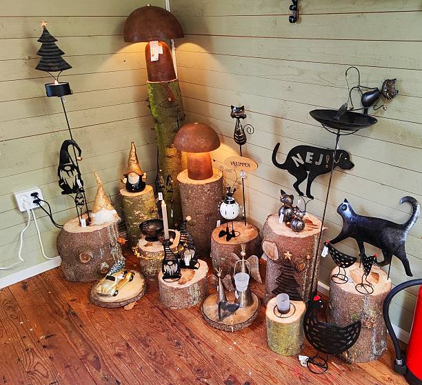 istock Rustic wooden showcase with metal sculptures 2209378136
