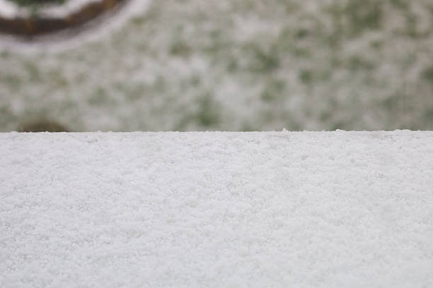 Even snow surface in close-up in the foreground. In the blurred background, grass partially covered with snow and an indistinct dark object are visible.