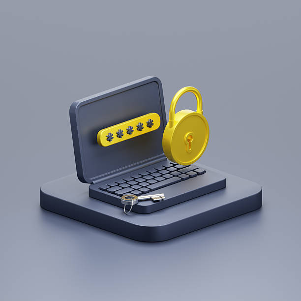 A conceptual 3D illustration of a laptop featuring a password input , padlock and key, representing cybersecurity and data protection with a modern and minimalistic design on a neutral background.