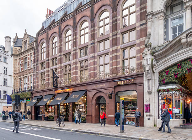 A row of shops in Piccadilly in the Mayfair district of London’s West End. On the right is the entrance to the famous Burlington Arcade.