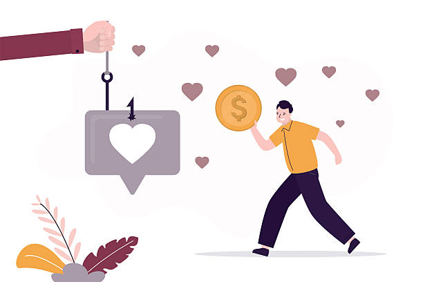 Handsome man was tricked by internet criminals, by making his fall in love and take money. Speech bubble with heart hanging on fishhook, bait Handsome man was tricked by internet criminals, by making his fall in love and take money. Speech bubble with heart hanging on fishhook, bait, dangerous manipulation in relationships, online dating. lying friends quotes stock illustrations