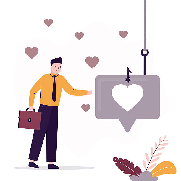 Handsome man was tricked by internet criminals, by making his fall in love. Speech bubble icon with heart hanging on fishhook, bait, dangerous manipulation in relationships, Handsome man was tricked by internet criminals, by making his fall in love. Speech bubble icon with heart hanging on fishhook, bait, dangerous manipulation in relationships, online dating. flat vector lying friends quotes stock illustrations