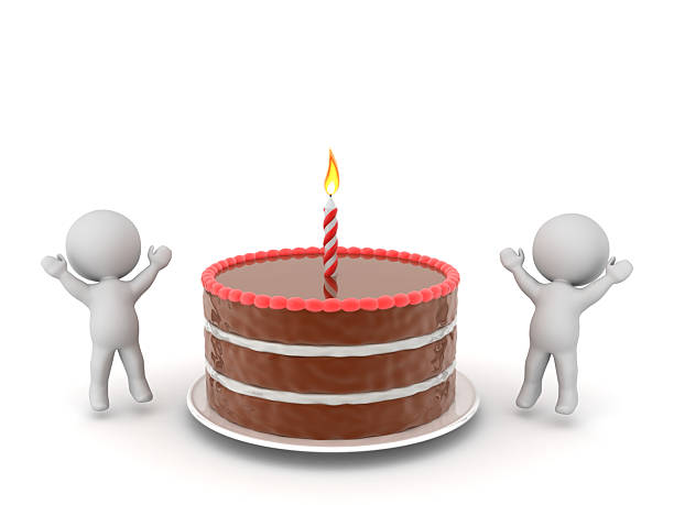 Two 3D Characters with a Cake with 1 Candle. Isolated on white background.
