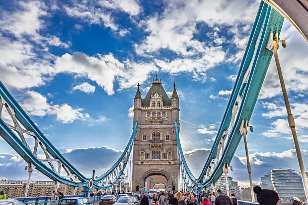 View from Tower Bridge footpath with blue suspension cables and cloudy sky. London, UK, 14 January 2024