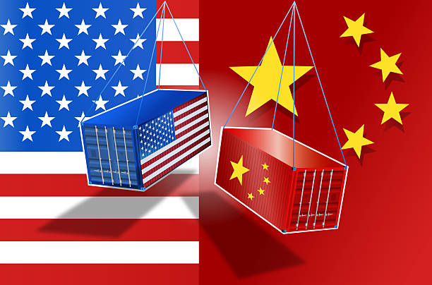 istock American Cargo Container hanging beside chinese Cargo Container illustrating the economic warfare 2209399795