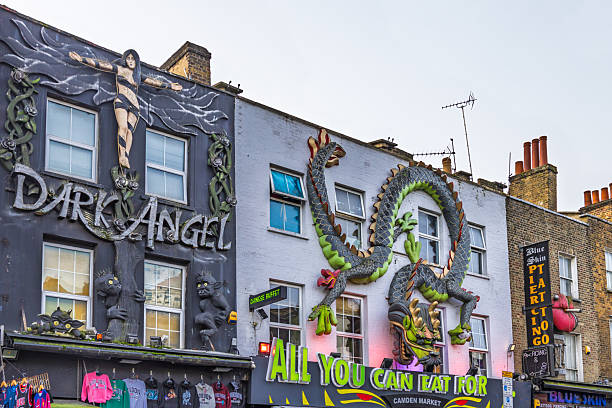 Colorful and artistic storefronts along Camden High Street. London, UK, 26 December 2023