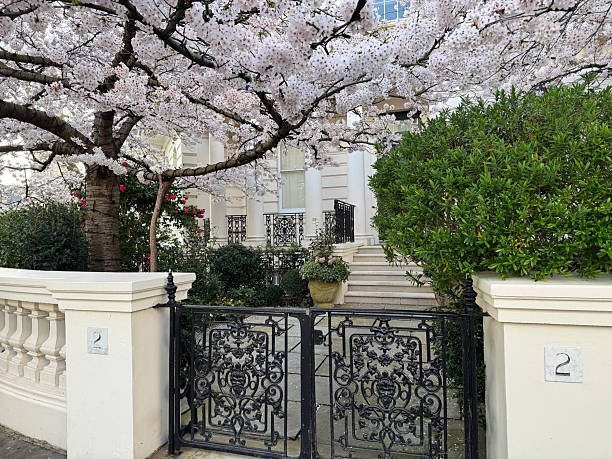 istock Cherry blossom tree and decorative wrought iron gate in Notting Hill, London. 2209402725