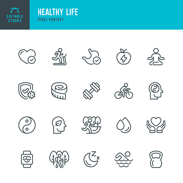 illustrations, cliparts, dessins animés et icônes de healthy life - ensemble d’icônes vectorielles de lignes minces. pixel parfait. trait modifiable. l’ensemble contient des icônes : mode de vie sain, alimentation saine, sommeil sain, santé mentale, contrôle du poids, sport, natation, fitness, yoga, - technique de relaxation