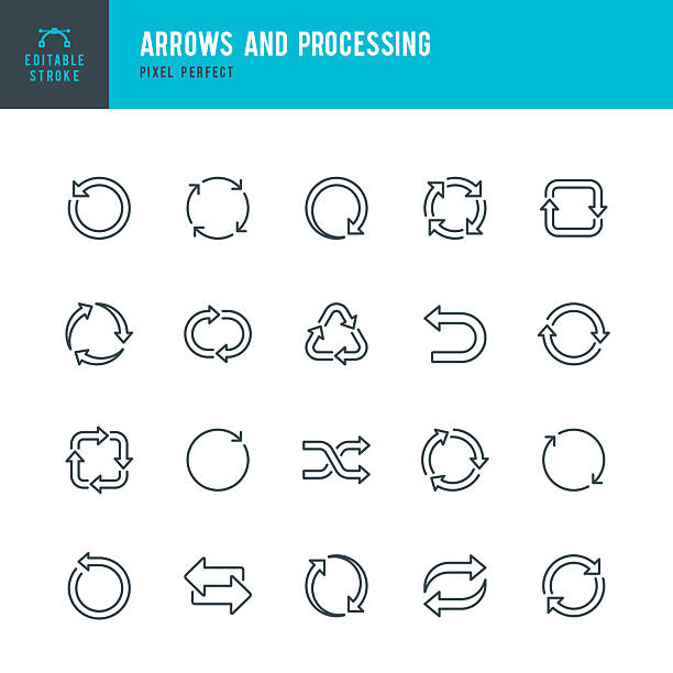 ilustrações de stock, clip art, desenhos animados e ícones de arrows and processing - thin line vector icon set. pixel perfect. editable stroke. the set contains icons: arrow symbol, replay, mixing, backup, recycling - misturar