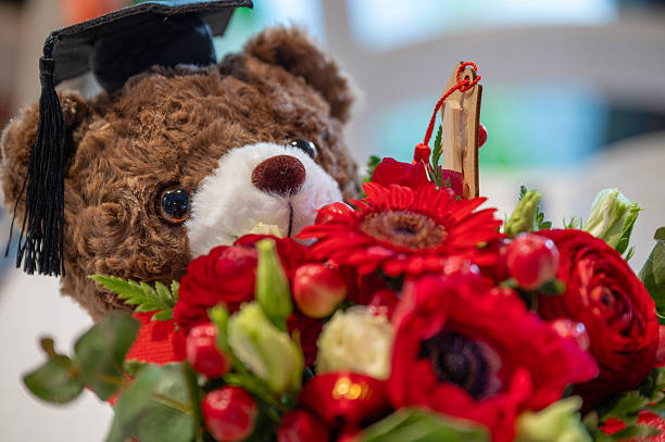 A cute toy mouse with brown fur and small round ears is wearing a bright rainbow hat. The hat consists of blue, green, yellow, orange, and red stripes.