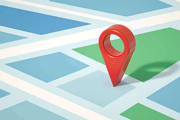City road map with location icon, navigation map pointer, marker pin on road, travel destinations. 3d render. Digitally generated image.