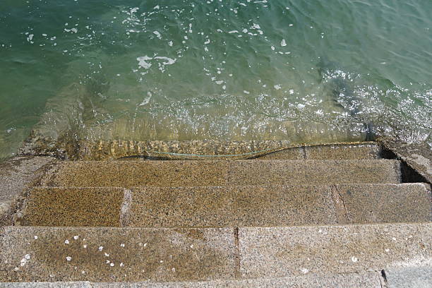 Staircase by the shoreline, with crystal clear seawater.