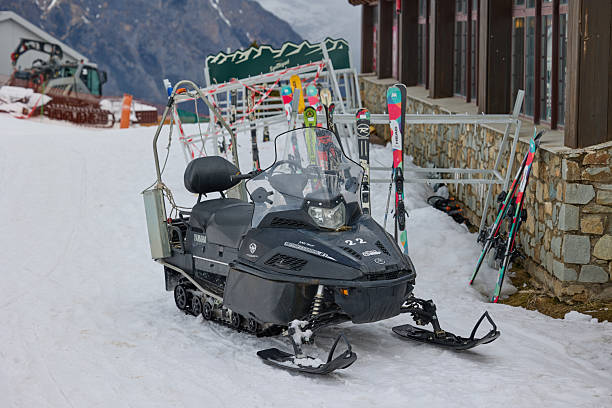 Snowmobile scooter at the ski resort. Cerler, Spain - March 07, 2024.