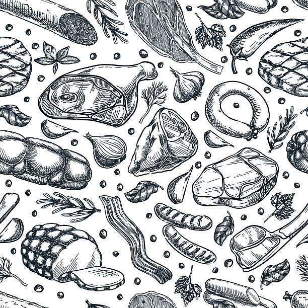 Farm fresh meat products seamless pattern. Vector hand drawn sketch illustration of salami, ham, pork leg, sausages. Butcher shop food package, print, wrapping paper design elements