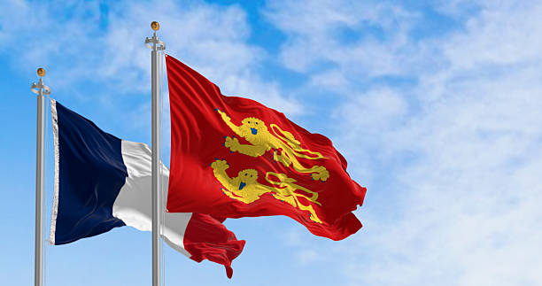 High-quality 3D render of the Normandy regional flag and French national flag waving together. Symbol of heritage, identity, and pride in northern France
