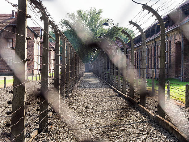 Auschwitz-Birkenau, Poland - July 31, 2017: Separation barbed wire in the prison camps