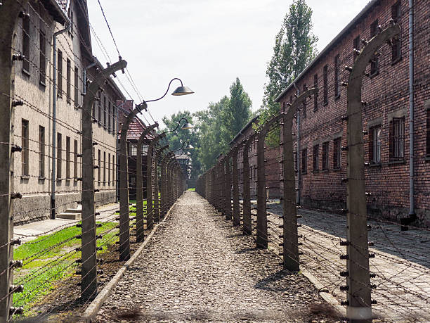 Auschwitz-Birkenau, Poland - August 1, 2017: Separation barbed wire in the prison camps
