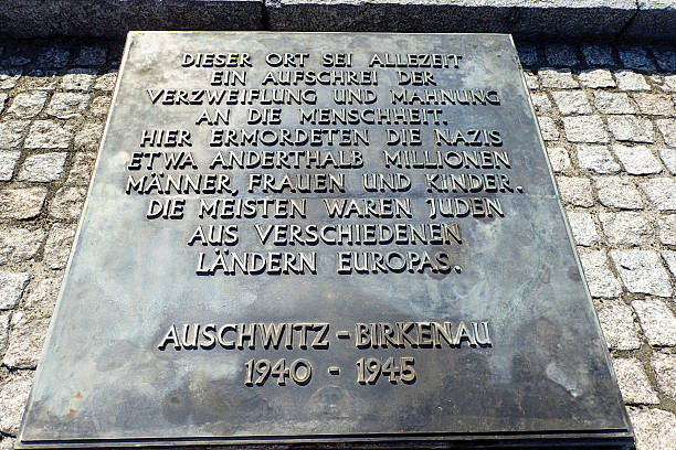 Auschwitz-Birkenau, Poland - July 31, 2017: Tables of condolences from different world nations