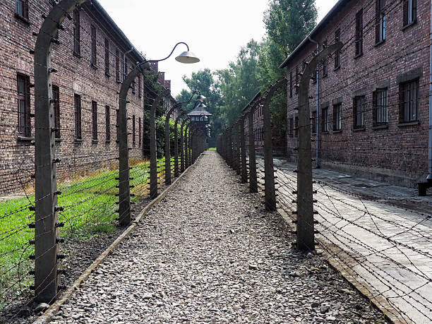 Auschwitz-Birkenau, Poland - August 1, 2017: Separation barbed wire in the prison camps