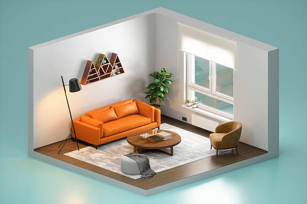 Isometric view of a modern living room.