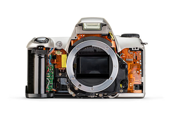 istock Disassembled SLR photo camera, front view, isolated on white. 2209454771