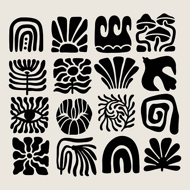 Trendy retro 70s-inspired groovy floral Fauvist Style-style summer elements with leaf shapes, flowers, bird, rainbow, sea and sun , blending modern and organic elements. Vector.