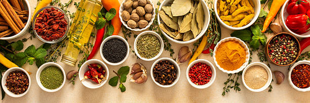 istock Variety of vibrant spices and dried herbs arranged on a beige backdrop, essential for culinary seasoning and enriching dishes with aromatic, natural flavors, banner 2209456821