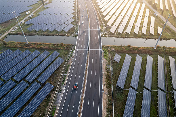 istock aerial view solar power station during sunset 2209458476